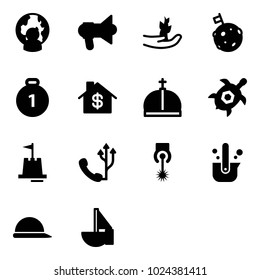 Solid vector icon set - man globe vector, megaphone, hand sproute, moon flag, gold medal, home dollar, crown, sea turtle, sand castle, phone, laser, casting of steel, construction helmet