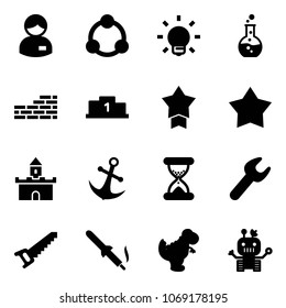 Solid vector icon set - manager vector, community, bulb, round flask, brick wall, pedestal, star medal, sand fort, anchor, clock, wrench, saw, soldering iron, dinosaur toy, robot