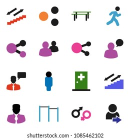 solid vector icon set - manager vector, man, horizontal bar, stairways run, speaking, social media, group, gender sign, medical room, share, login