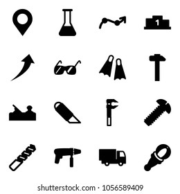 Solid vector icon set - map pin vector, flask, chart point arrow, pedestal, growth, sunglasses, flippers, hammer, jointer, work knife, screw, drill, machine, truck toy, beanbag