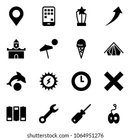 Solid vector icon set - map pin vector, mobile, award, growth, sand fort, beach, ice cream, tent, dolphin, sun power, clock, delete, battery, wrench, screwdriver, yoyo