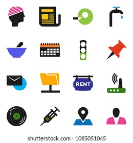 solid vector icon set - map pin vector, traffic light, calendar, disk, newspaper, thumbtack, insemination, syringe, mortar, head bandage, network folder, router, mail, water supply, rent signboard