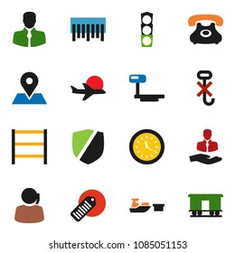 solid vector icon set - map pin vector, plane, traffic light, phone, support, client, clock, port, no hook, protected, big scales, barcode, shelving, Railway carriage