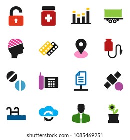 solid vector icon set - map pin vector, satellite, phone, client, truck trailer, equalizer, pills, bottle, blister, drop counter, head bandage, cloud exchange, network document, pool, unlock
