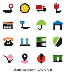 solid vector icon set - map pin vector, attention, phone, sea container, delivery, clock, calendar, cargo, umbrella, top sign, tulip, warehouse, protected, big scales, Railway carriage