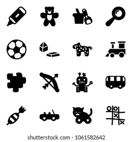 Solid vector icon set - marker vector, bear toy, shovel bucket, beanbag, soccer ball, constructor blocks, horse, train, puzzle, bow, robot, bus, dart, car, cat, Tic tac toe