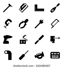 Solid vector icon set - mason hammer vector, trowel, corner ruler, chisel, clamp, side cutters, wood drill, metal hacksaw, welding, rasp, laser lever, allen key, awl, horn toy, piano