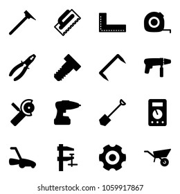 Solid vector icon set - mason hammer vector, trowel, corner ruler, measuring tape, pliers, bolt, staple, drill machine, Angular grinder, shovel, multimeter, lawn mower, clamp, gear, wheelbarrow