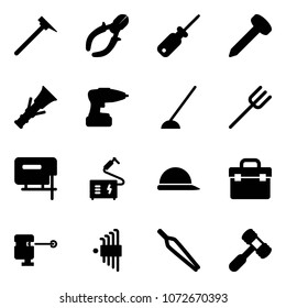 Solid vector icon set - mason hammer vector, side cutters, screwdriver, nail, dowel, drill, hoe, farm fork, jig saw, welding, construction helmet, tool box, laser lever, allen key set, forceps, toy