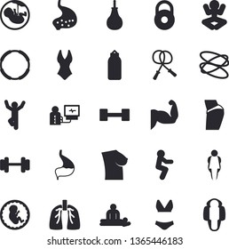 Solid vector icon set - massage flat vector, diagnostics, embryo, breast, stomach, lungs, dumbbell, weight, muscles, buttocks, skipping rope, sports pear, swimsuit, yoga, squats, gymnastics, hoop