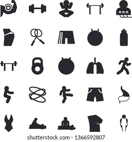 Solid vector icon set - massage flat vector, diagnostics, breast, stomach, lungs, dumbbell, barbell, weight, muscles, buttocks, skipping rope, sports pear, athletic shorts, fit ball, swimsuit, yoga