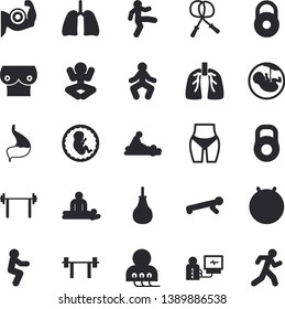 Solid vector icon set - massage flat vector, diagnostics, embryo, breast, stomach, lungs, barbell, weight, muscles, waistline, skipping rope, sports pear, fitball, yoga, gymnastics, squats, push up