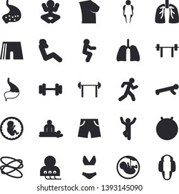 Solid vector icon set - massage flat vector, diagnostics, embryo, breast, stomach, lungs, dumbbell, barbell, athletic shorts, fitball, swimsuit, yoga, squats, push up, swing press, gymnastics, run
