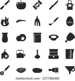 Solid vector icon set - meashuring cup flat vector, teapot, apron, potholder, ladle, kitchen spatula, spoon, egg timer, towel, knives, fire, double boiler, jugful, spaghetti, tomato, onion, dish