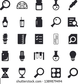 Solid vector icon set - meashuring cup flat vector, electric stove, glass jar, ketchup, wine, soda, thermometer, greenhouse, lamp, energy saving, bottles, pipette, medical analysis, magnifier, flask