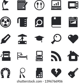 Solid vector icon set - meashuring cup flat vector, electric stove, microwave, table setting, well, horseshoe, house, radiation, marker, hospital bed, magnifier, reading lamp, notepad, computer, key