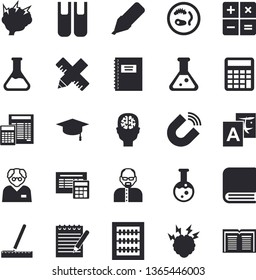 Solid vector icon set - measure flat vector, calculator, chemistry, magnet, marker, abacus, book, flask, notepad, bachelor cap, brainstorm, notebook, scientist, Petri dish, brain fector, translate