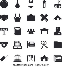 Solid vector icon set - measure flat vector, sashimi, orange, metallurgy, signboard, warehouse, team, sell out, cash machine, physician, computer file, beakers, skipping rope, sports pear, swimsuit