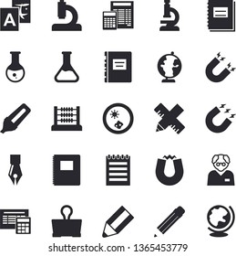 Solid vector icon set - measure flat vector, calculator, chemistry, magnet, marker, microscope, medical analysis, notebook, abacus, ink pen, pencil, notepad, globe, textbook, scientist, Petri dish