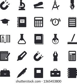 Solid vector icon set - measure flat vector, chemistry, magnet, dividers, marker, briefcase, notebook, ink pen, stapler, microscope, notepad, bachelor cap, textbook, calculator, alarm clock, book