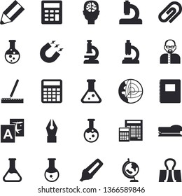 Solid vector icon set - measure flat vector, calculator, chemistry, magnet, marker, microscope, medical analysis, ink pen, pencil, stapler, flask, globe, notebook, scientist, brain, translate