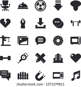 Solid vector icon set - measure flat vector, spring balance, microwave, mushroom, flower, fence, radiation, crane, chat, office building, ink pen, chair, magnet, dumbbell, barbell, jingle fector