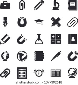 Solid vector icon set - measure flat vector, chemistry, magnet, calculator, briefcase, notebook, clip, abacus, ink pen, pencil, microscope, globe, bachelor cap, volleyball, alarm clock, book