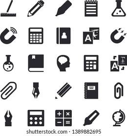 Solid vector icon set - measure flat vector, magnet, marker, calculator, clip, ink pen, pencil, flask, notepad, textbook, notebook, brain fector, translate, globe