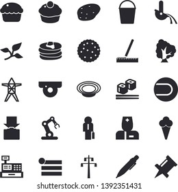 Solid vector icon set - measure flat vector, potato, pancakes, cupcake, dish, fish rolls, ice cream, biscuit, tree, bucketful, leaf, power line support, metallurgy, cash machine, physician, pen