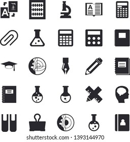 Solid vector icon set - measure flat vector, chemistry, medical analysis, notebook, clip, abacus, calculator, ink pen, pencil, book, flask, microscope, bachelor cap, brain fector, core of the earth