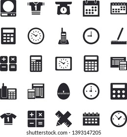 Solid vector icon set - measure flat vector, calculator, weighing machine, kitchen egg timer, clock, calendar, telephone, sport T shirt