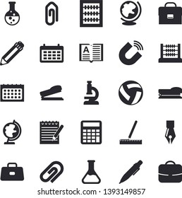 Solid vector icon set - measure flat vector, chemistry, magnet, calendar, briefcase, abacus, ink pen, pencil, stapler, microscope, notepad, calculator, volleyball, clip, book, globe