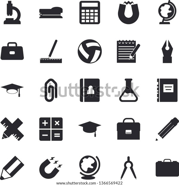 Solid vector icon set - measure flat vector,\
chemistry, magnet, dividers, calculator, microscope, briefcase, ink\
pen, pencil, stapler, notepad, bachelor cap, textbook, volleyball,\
clip, notebook