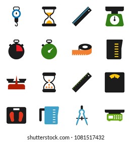 solid vector icon set - measuring cup vector, scales, ruler, drawing compass, stopwatch, sand clock, store