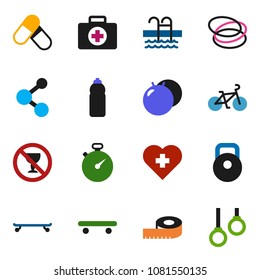 solid vector icon set - measuring vector, stopwatch, bike, weight, fitball, skateboard, pills, molecule, water bottle, pool, no alcohol sign, heart cross, first aid kit, hoop, gymnast rings