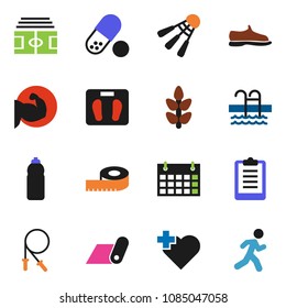 solid vector icon set - measuring vector, scales, stadium, clipboard, jump rope, muscule hand, snickers, pills, water bottle, calendar, fitness mat, cereals, shuttlecock, pool, heart cross, run