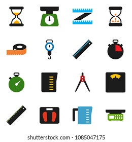 solid vector icon set - measuring cup vector, scales, ruler, drawing compass, stopwatch, sand clock, store