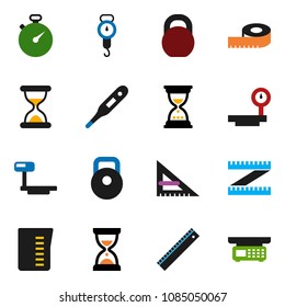 solid vector icon set - measuring cup vector, scales, corner ruler, sand clock, stopwatch, weight, big, thermometer, store