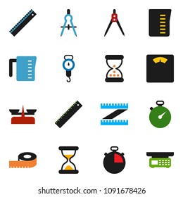 solid vector icon set - measuring cup vector, scales, ruler, drawing compass, stopwatch, sand clock, store