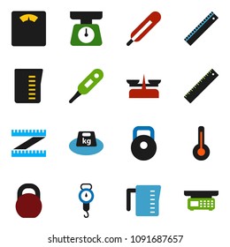 solid vector icon set - measuring cup vector, scales, ruler, weight, thermometer, store