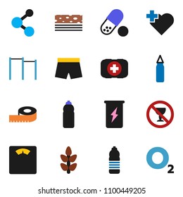 solid vector icon set - measuring vector, scales, horizontal bar, punching bag, shorts, pills, enegry drink, molecule, water bottle, cereals, breads, no alcohol sign, heart cross, first aid kit