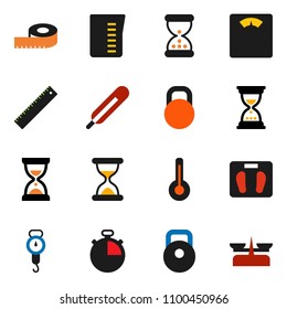 solid vector icon set - measuring cup vector, scales, ruler, sand clock, stopwatch, weight, thermometer, store