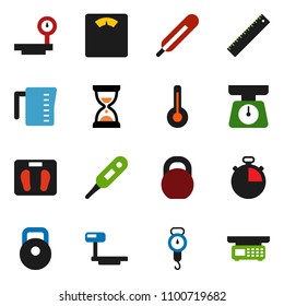 solid vector icon set - measuring cup vector, scales, ruler, sand clock, stopwatch, weight, big, thermometer, store