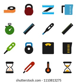 solid vector icon set - measuring cup vector, ruler, scales, stopwatch, weight, thermometer, sand clock