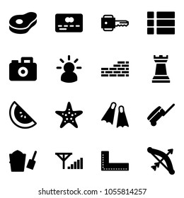 Solid vector icon set - meat vector, credit card, key, menu, camera, idea, brick wall, chess tower, watermelone, starfish, flippers, suitcase, bucket scoop, fine signal, corner ruler, bow