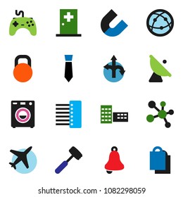solid vector icon set - meat hammer vector, school building, bell, magnet, tie, molecule, route, plane, weight, satellite antenna, gamepad, internet, medical room, hub, washer, shopping bag