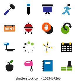 solid vector icon set - meat hammer vector, mixer, bbq, copybook, apple fruit, constellation, presentation board, tie, calendar, run, big scales, redo, loading, stop, rent signboard, factory