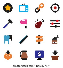 solid vector icon set - meat hammer vector, hand mill, mixer, jug, chicken leg, ruler, monitor dollar, signpost, package, tv, link, favorites, tooth, equalizer, target