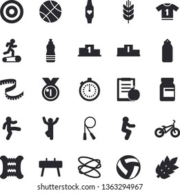 Solid vector icon set - medal flat vector, pedestal, basketball, volleyball, diet, centimeter, bicycle, vitamins, stopwatch, skipping rope, carpal expander, sports equipment horse, pear, target
