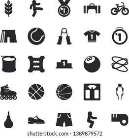 Solid vector icon set - medal flat vector, pedestal, sneakers, bowling ball, basketball, weighing machine, bicycle, carpal expander, sports pear, athletic shorts, tennis, sport T shirt, gymnastics